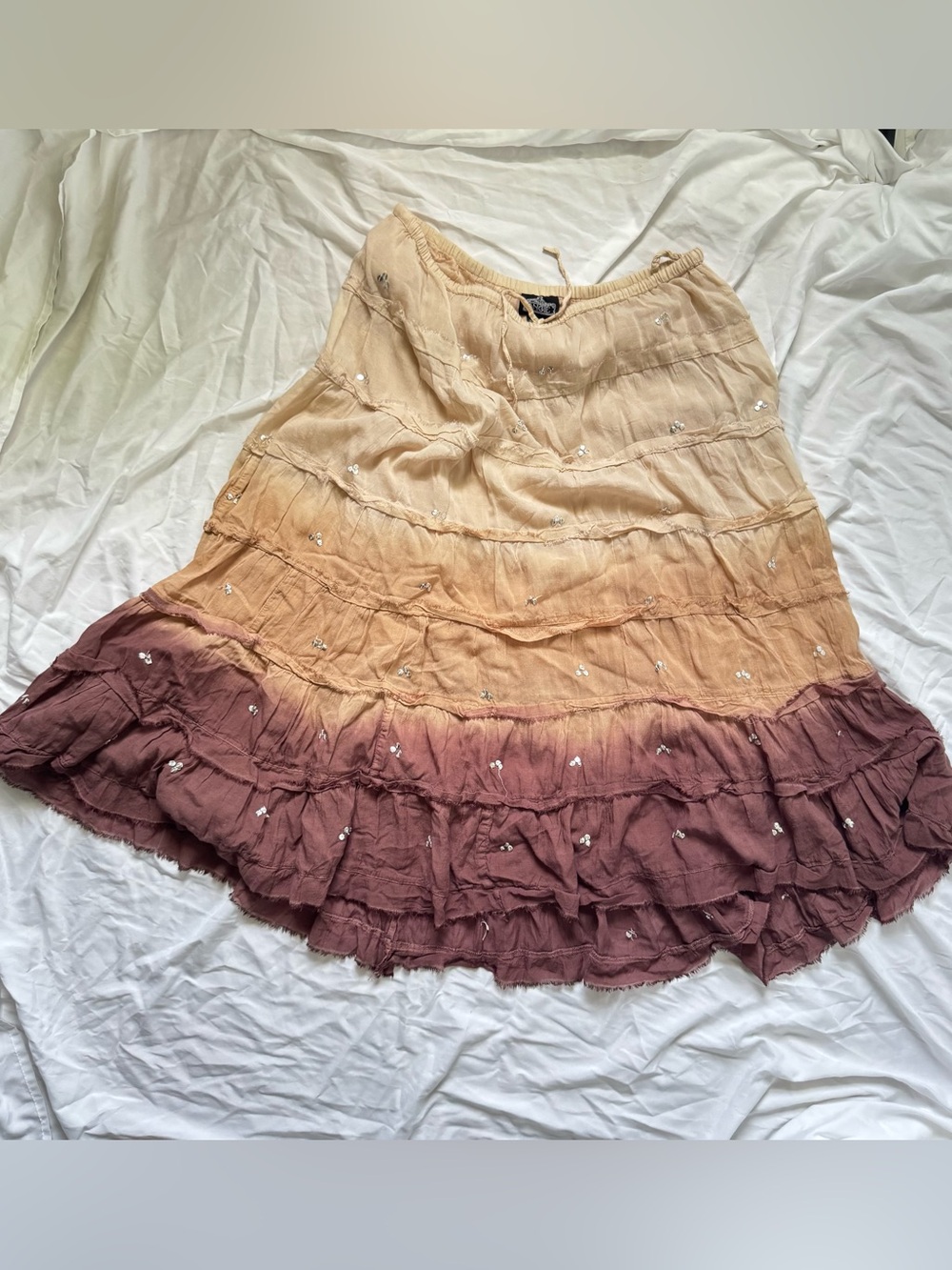 ⁠Angie Boho Ombre Tiered Ruffle Sequin Maxi Skirt Brown Beige Fairy Cottage L⁠